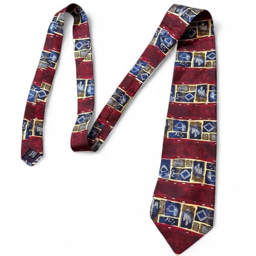 Vintage 90s Geoffrey Beene Multicolor Geometric Grid Box Silk Tie
